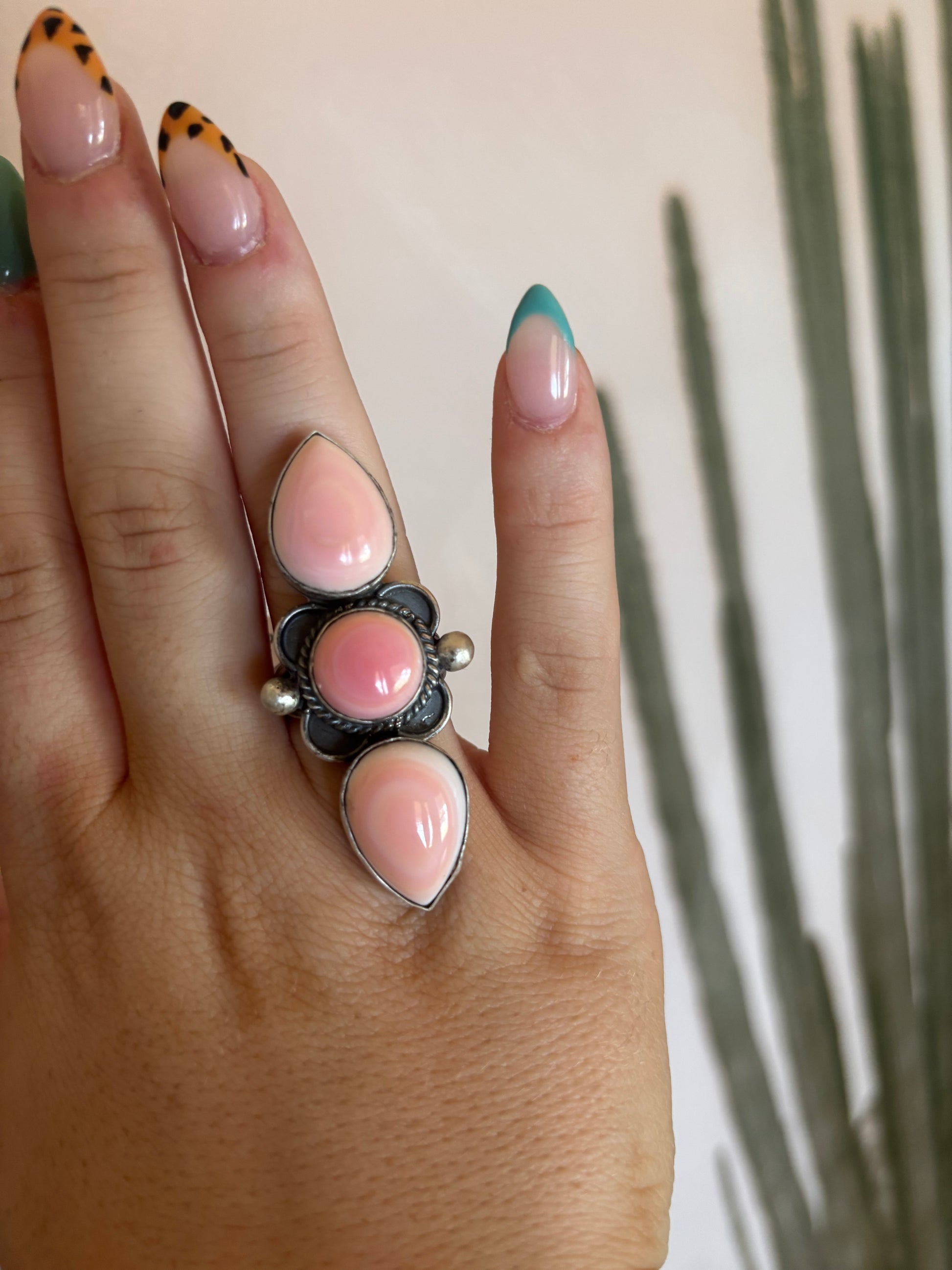 Pink Conch 3 Stone Ring Size 7