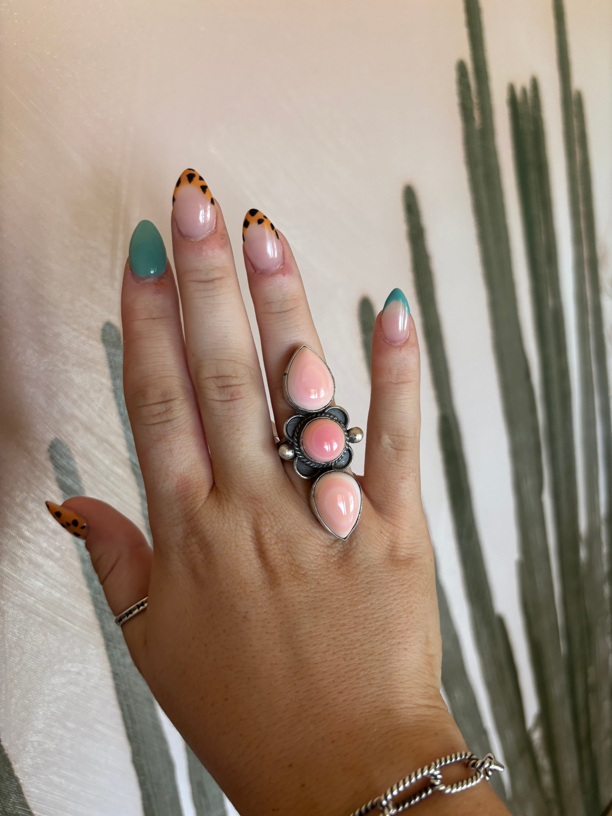 Pink Conch 3 Stone Ring Size 7