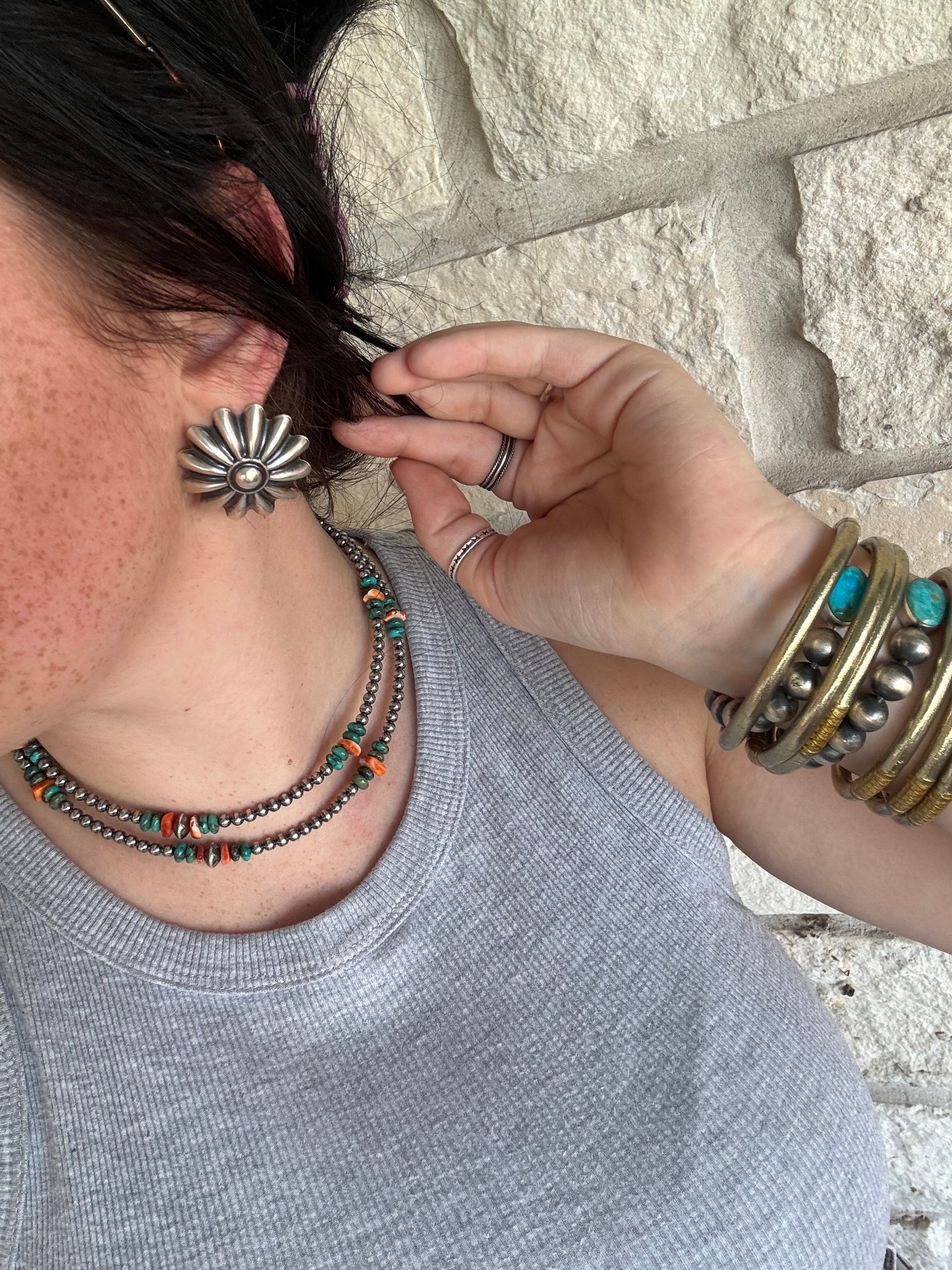 Spiny Oyster & Turquoise Sterling Silver Pearl Necklace