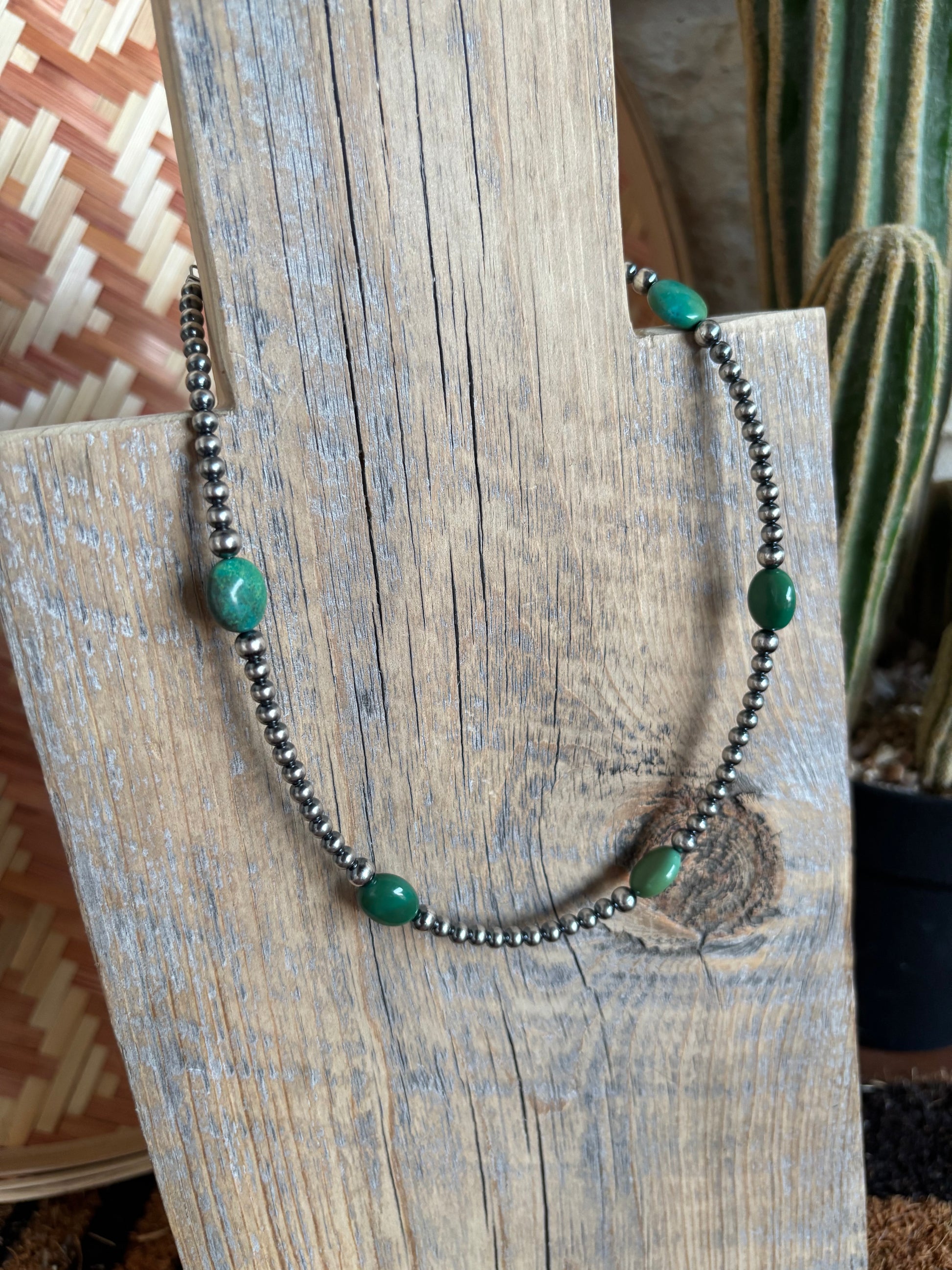 Turquoise + Sterling Pearl Necklace 16 inch