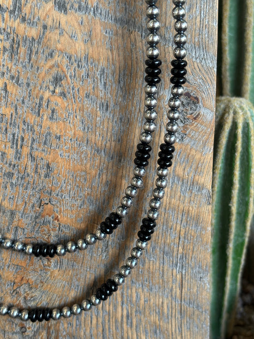 18 Inch Sterling Pearls & Black Onyx Necklace