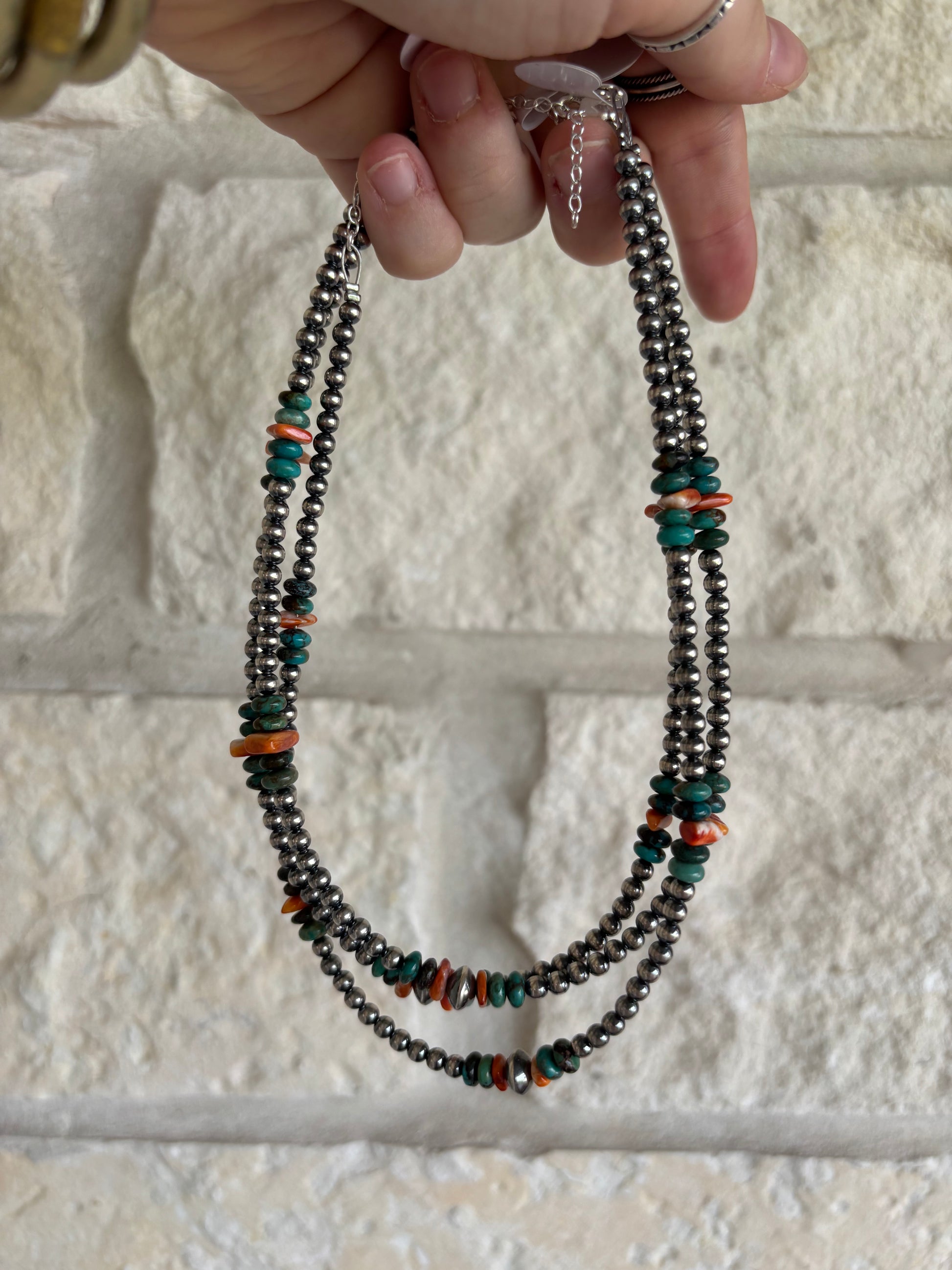 Spiny Oyster & Turquoise Sterling Silver Pearl Necklace