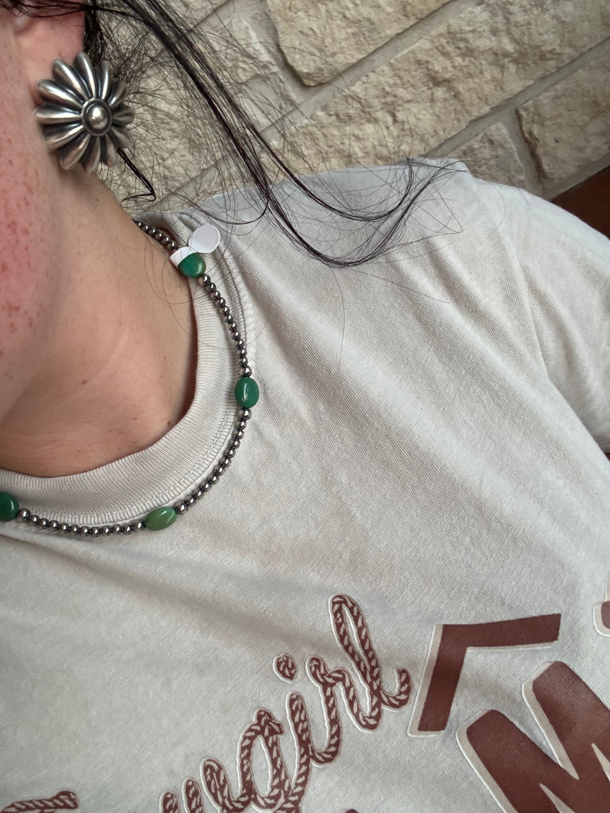 Turquoise + Sterling Pearl Necklace 16 inch
